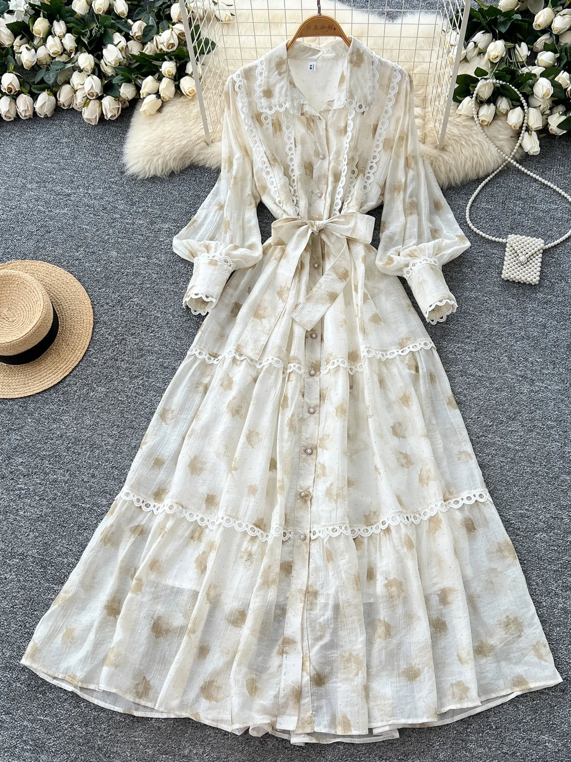 Chic vintage rhinestone lace-up slim Elegant Fairy korean fashion Boho Sundress women clothing Long dress