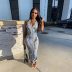 2024 AliExpress European and American cross-border summer fashion print halterneck mid-waist temperament hip wrapping dress