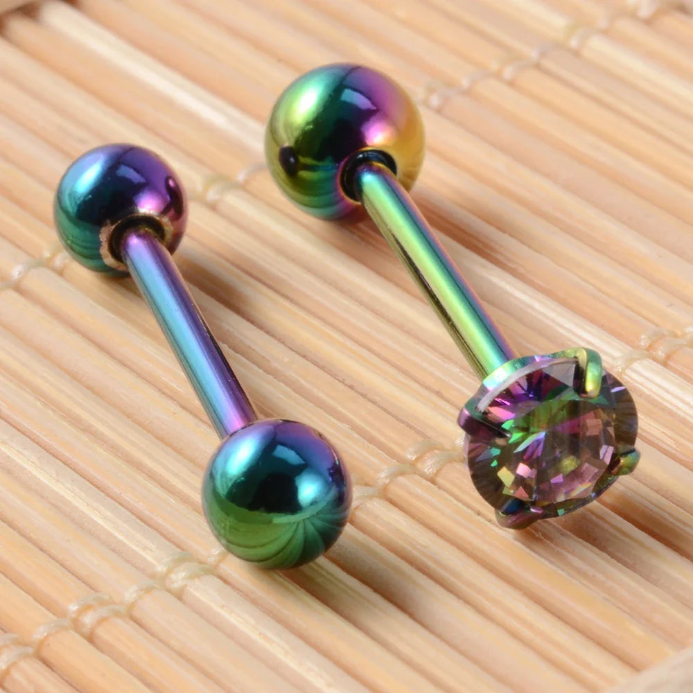 2PCS Anti-Allergy Surgical Steel  Prong Zircon Tongue Barbell Piercings Ball Tongue Barbell Rings Fashion Piercing Jewelry
