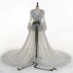 Combhasaki Women Lingerie Lace Sheer Mesh Tulle Perspective V neck layered Ruffle Maxi Floor Long Bath Robe Gown Sleepwear Dress