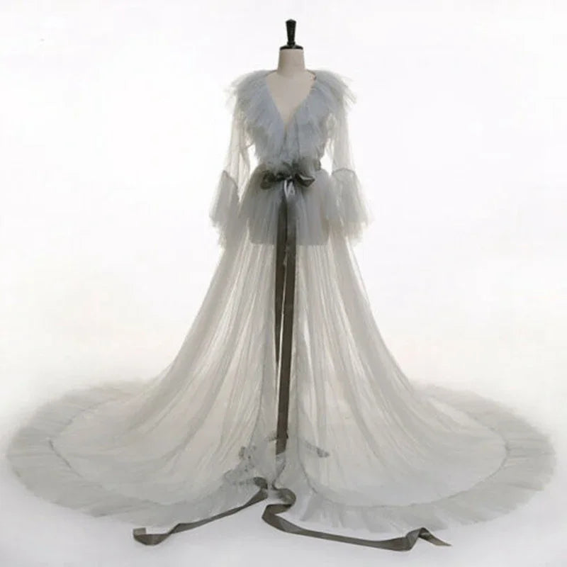 Combhasaki Women Lingerie Lace Sheer Mesh Tulle Perspective V neck layered Ruffle Maxi Floor Long Bath Robe Gown Sleepwear Dress