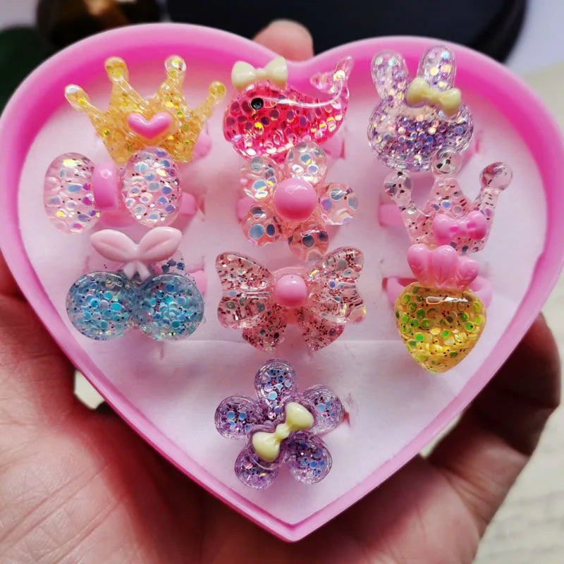 10pcs/lot Children's Cartoon Rings Candy Flower Animal Bow Shape Ring Set Mix Finger Jewellery Rings Kid Girls Toys Anillo