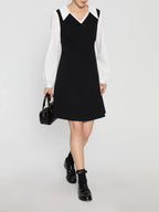 DUSHU Women Autumn Long SLeeve Dresses Office Lady Temperament Polo Neck A-LINE Long Dress Fake Two Patchwork Dress 24DS83358