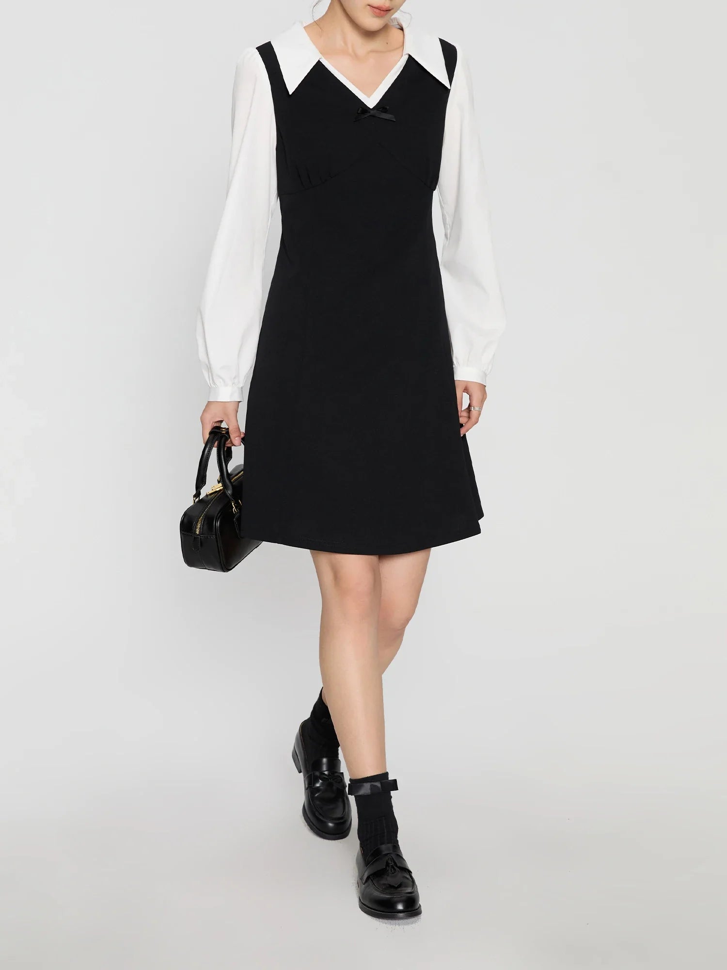 DUSHU Women Autumn Long SLeeve Dresses Office Lady Temperament Polo Neck A-LINE Long Dress Fake Two Patchwork Dress 24DS83358