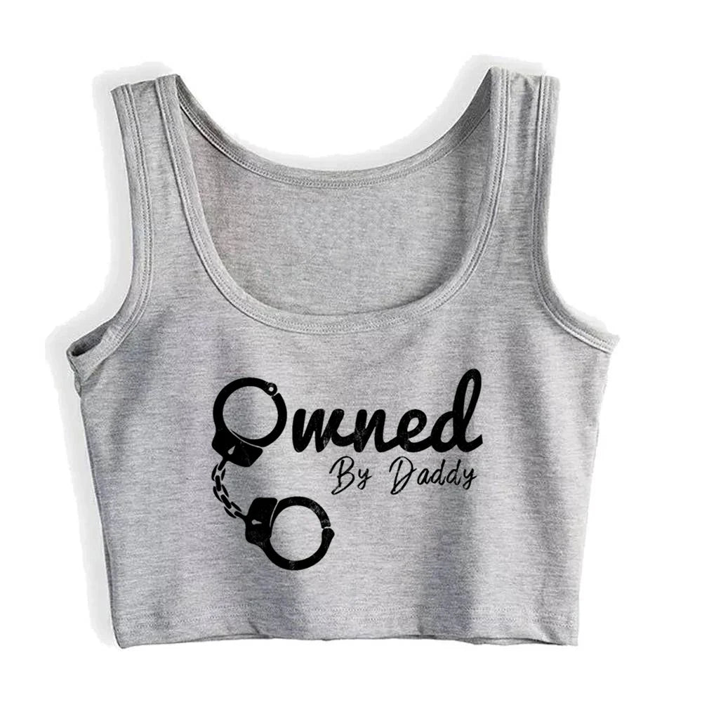 Handcuffs Graphics Owned By Daddy Design Sexy Slim Crop Top Sugar Baby BDSM Kinky Submissive Tank Tops Ageplay Camisole