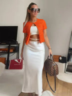 Elegant Sequined Orange Cardigans Women Y2k O-neck Short Sleeve One Button Female Tops 2025 Street Summer Lady Chic Knitwear