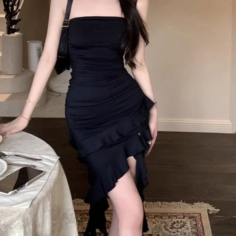 Comhasaki Women's Y2K Vintage Coquette Strapless Layered Ruffled Asymmetrical Hem Clubbing Slim Fit Bodycon Tube Top Mini Dress