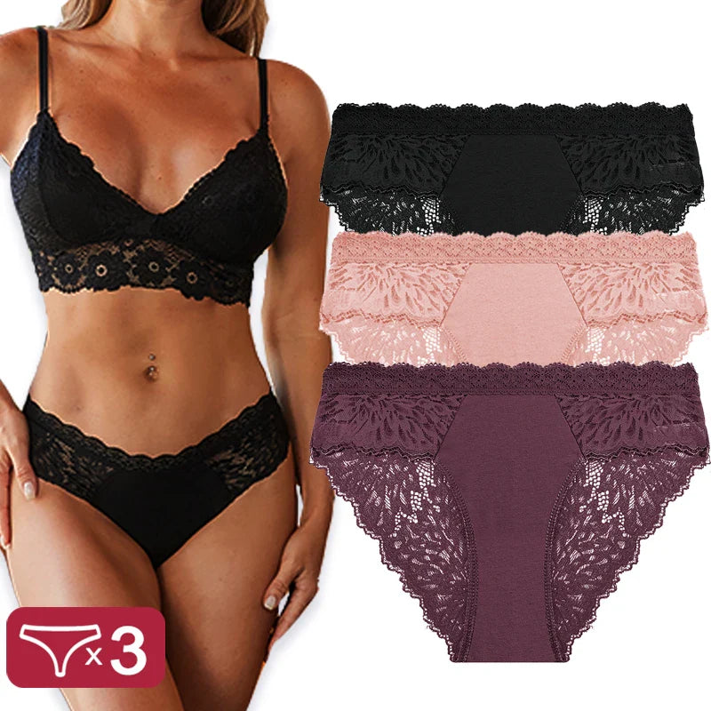 3PCS/Set Sexy Perspective Women Back Lace Panties Patchwork Cotton Underpants Hollow Out Lingerie Underwear Comfortable Briefs