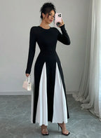 2025 Spring & Autumn Women's Long Sleeve Round Neck A Line Contrast Color Dress, Stylish Black & White Patchwork Long Dress
