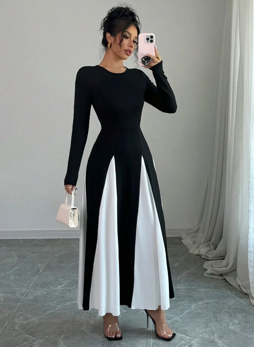 2025 Spring & Autumn Women's Long Sleeve Round Neck A Line Contrast Color Dress, Stylish Black & White Patchwork Long Dress