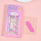 24Pcs Children Cartoon Nail Tips Colorful Cute Rabbit Pink Stars 6-14 Years old Girl Fake Nail With Jelly Glue Kids False Nail