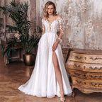 Elegant A-Line Wedding Dress Women Open Back V-Neck Lace Long Sleeve Side Split Tulle Bridal Gown Vestidos De Noiva Customized