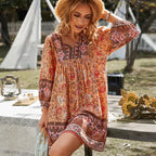 2025 Autumn Womens New Long-sleeved Bohemian Print V-neck Mini Dress For Women's Fashionable Temperament Comfortable Short Skirt