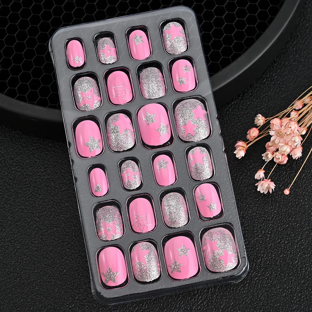 24Pcs Children Cartoon Nail Tips Colorful Cute Rabbit Pink Stars 6-14 Years old Girl Fake Nail With Jelly Glue Kids False Nail