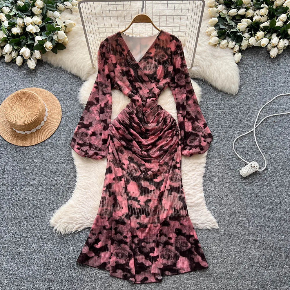 Chic vintage long sleeve Criss-Cross print pleated Elegant Fairy korean fashion dress women clothing Long dress