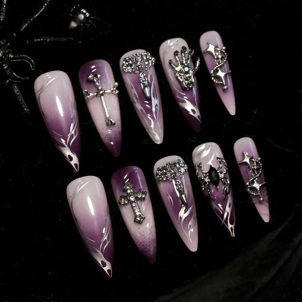 24pcs Manicure Long Almond False Nails Stiletto Ballerina Fake Nials Detachable Halloween Bat French Nail Tips DIY