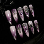 24pcs Manicure Long Almond False Nails Stiletto Ballerina Fake Nials Detachable Halloween Bat French Nail Tips DIY