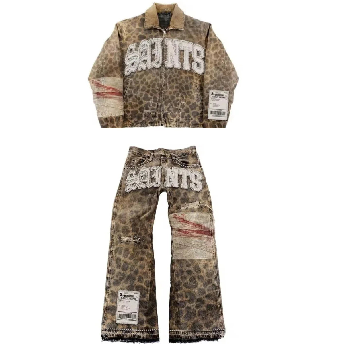 Gothic Retro Leopard Print Pattern Mens Clothes Y2k Two Piece Set Zipper Jacket Ripped Jeans Tracksuit Men Patchwork Streetwear