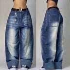 2000s Baggy Jeans Women New Harajuku Hip Hop Wing Print Oversized Jeans Gothic High Waist Wide Leg Pants Men Trousers Streetwear