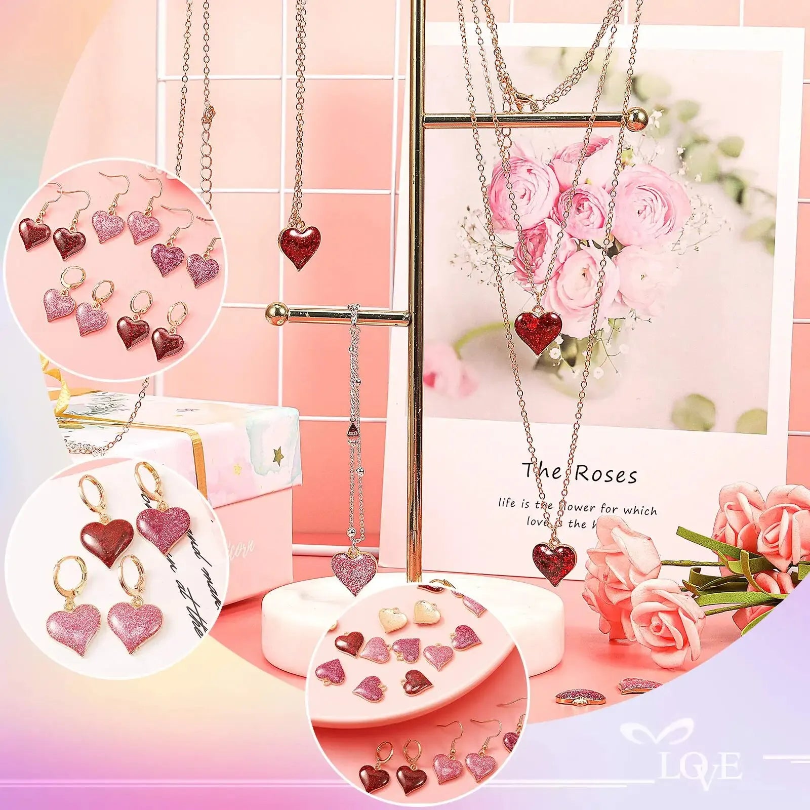 15pcs Heart Shape Pendant Charms Pink Red Valentines Love Oil Drip Metal Glitter Powder For Jewelry Making DIY Bracelet Necklace