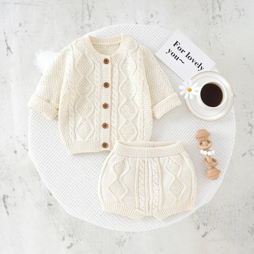 Baby Clothes Sets Cotton Knitted Newborn Boys Girl Sweater Long Sleeve +Pants Autumn Infant Children Cardigan +Shorts 0-18M 2PCS