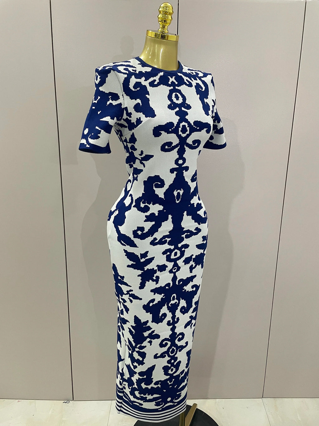 2025 New Sexy Short Sleeve Jacquard Blue Bandage Bodycon Long Dress Women Celebrity Elegant Evening Club Party Luxury Dresses