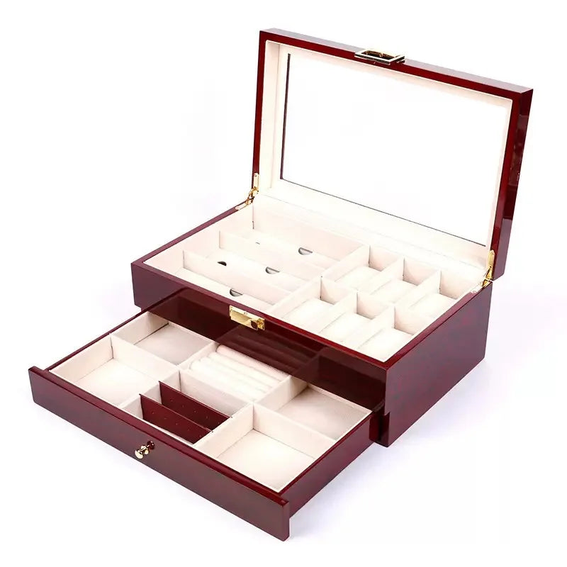 Double Layer Watch Storage Box with Drawer - Glass Display Case for Sunglasses Rings Bracelets Earrings Necklaces Jewelry Organi