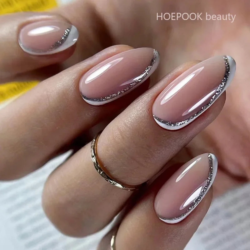 24pcs Nude French Fake Nails White Edge Almond False Nails Art Full Coverage Removable Waterproof Artificial Press on Nail