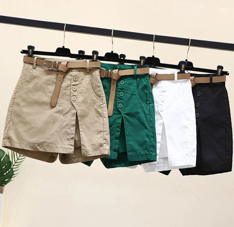 Chic Shorts Women Belt Korean Solid Buttons Side Slit A-line Streetwear Fashion Skirts Chic Harajuku Summer Loose Pants