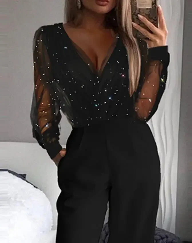 Elegant Jumpsuit Women Spring Fashion Glitter Print Sexy V-Neck Long Sleeve Casual Contrast Mesh Pocket Straight Leg Jumpsuit