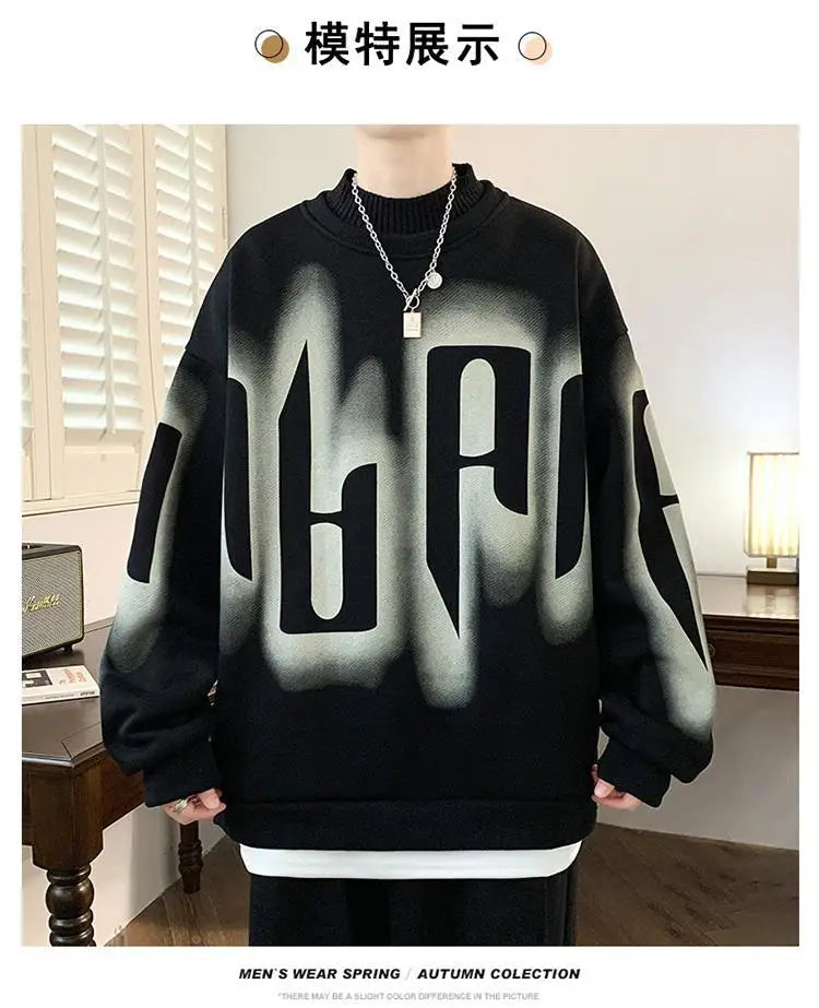 Autumn Winter Long Sleeve Print Letter Casual Hoodies Sweatshirts Thick Fake Two Pieces Fashion Tops Korean Trend Men Clothing