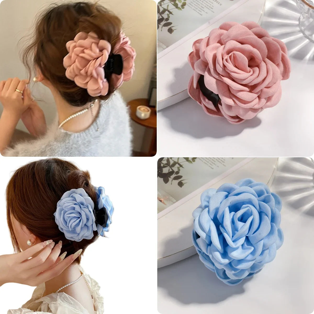 16 Colors Sweat Medium Size Cotton Fabric Rose Flower Hair Claw Clips for Women Korean Ctach Shark Clamp Hair Accessories 2024