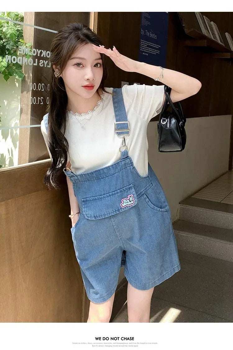 Denim Jumpsuit Rabbit Ears Cute Girl Chic Wide Legs High Waist Loose Korean Japan High Street Solid Jump Suits Women