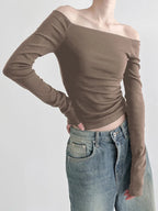 Black Solid Slash Neck Elegant Long Sleeve Tops Korean Fashion Slim Sexy Cropped T Shirt Women Fall Clothing