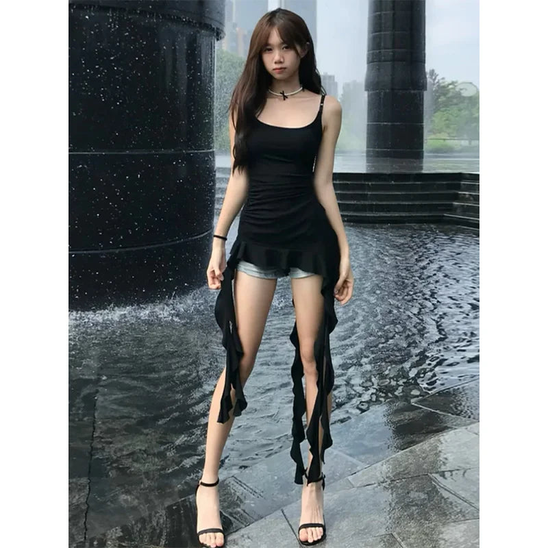 2025 Women Clothing Black Tunic Y2k Top Ruffles Sexy Camis Ropa Mujer Irrgeular Tassel Summer Vest Fashion Korean Crop Tanks