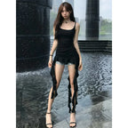 2025 Women Clothing Black Tunic Y2k Top Ruffles Sexy Camis Ropa Mujer Irrgeular Tassel Summer Vest Fashion Korean Crop Tanks