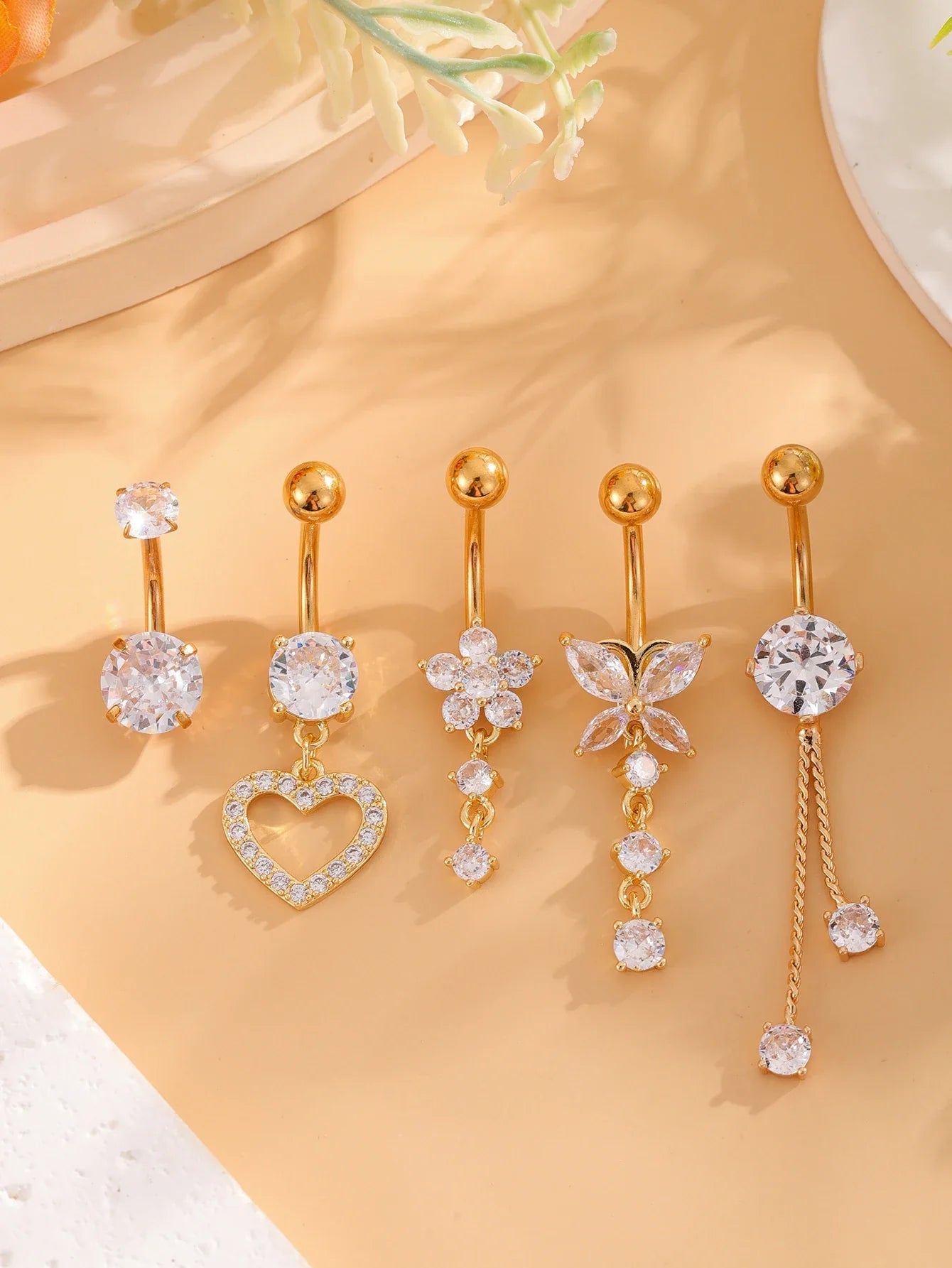 14G Gold Color Series Butterfly Dangled Belly Piercing Sets 5PCS/Lot Heart Flower Curved Navel Navel Ring Belly Button Rings