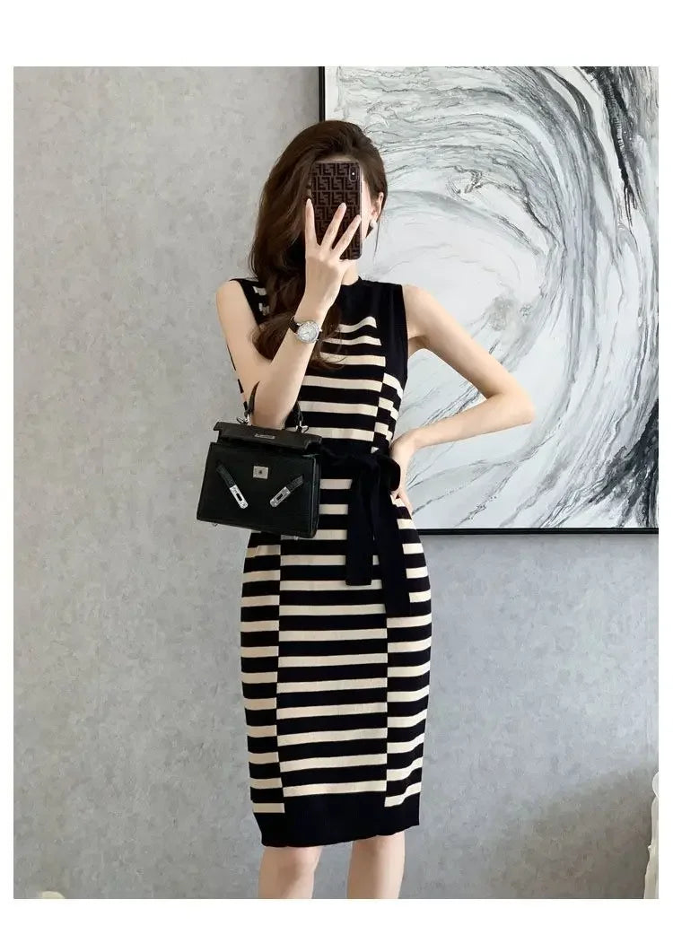 2025 Summer New Over-knee Long Temperament Slim Waist Vest Sleeveless Slim Striped Knitted Dress