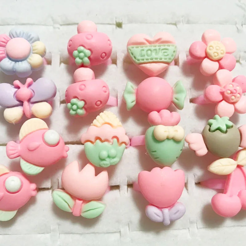 10pcs/lot Children's Cartoon Rings Candy Flower Animal Bow Shape Ring Set Mix Finger Jewellery Rings Kid Girls Toys Anillo