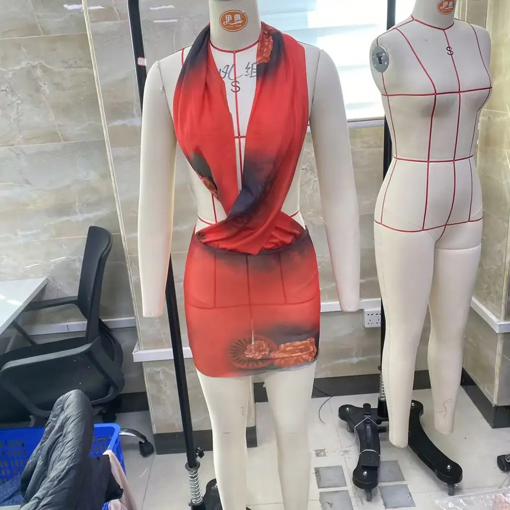 Combhasaki Womens Summer Beachwear Y2K Halter Deep V-Neck Sleeveless Backless Flower Tie-dye Print Bodycon Slim Short Mini Dress