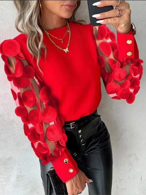 2025 Shirts For Women Fashion Simple O-Neck Red Lace Floral Sheer Mesh Patchwork Pullover female's Blouse