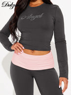 Dulzura Women'S Sexy Casual 2 Piece Pants Set Long Sleeve Letter Print Bodycon Crop Top And Flare Pants Matching Set Streetwear