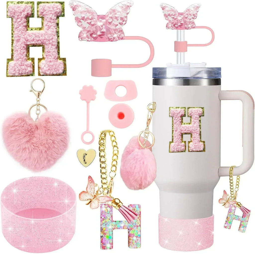 9PCS Accessory Set for Stanley Cup 30oz 40oz Butterfly Straw Cover Cap Silicone Boot Charm Initials Sticker Spill Proof Stopper