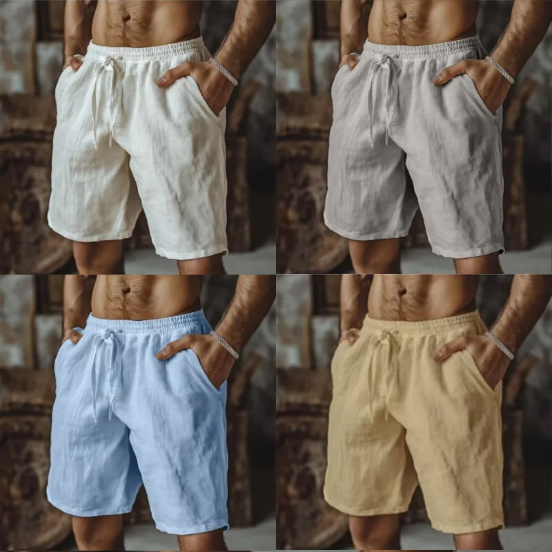 2025 New Summer New Men's Cotton Linen Breathable Shorts Hawaii Beach Pants Male Solid Color Trousers Loose Versatile Streetwear
