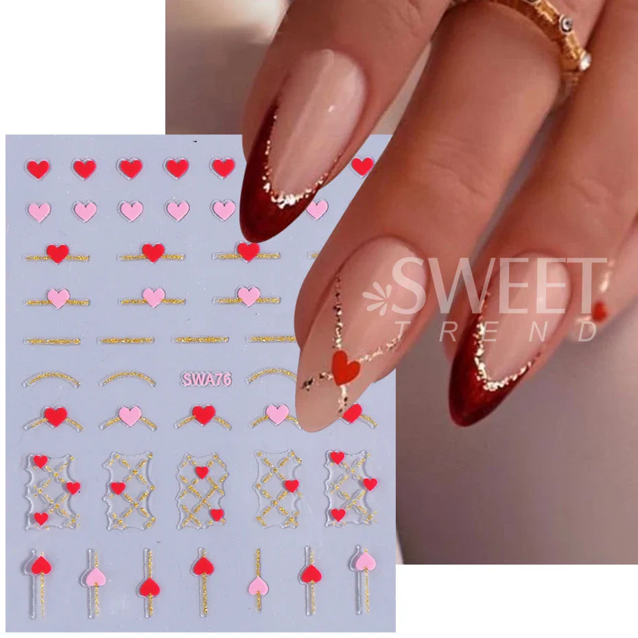 2pcs Black White Red Love Heart Nail Stickers Metallic Golden French Line 3D Adhesive Slider DIY Valentine Design Manicure Decor
