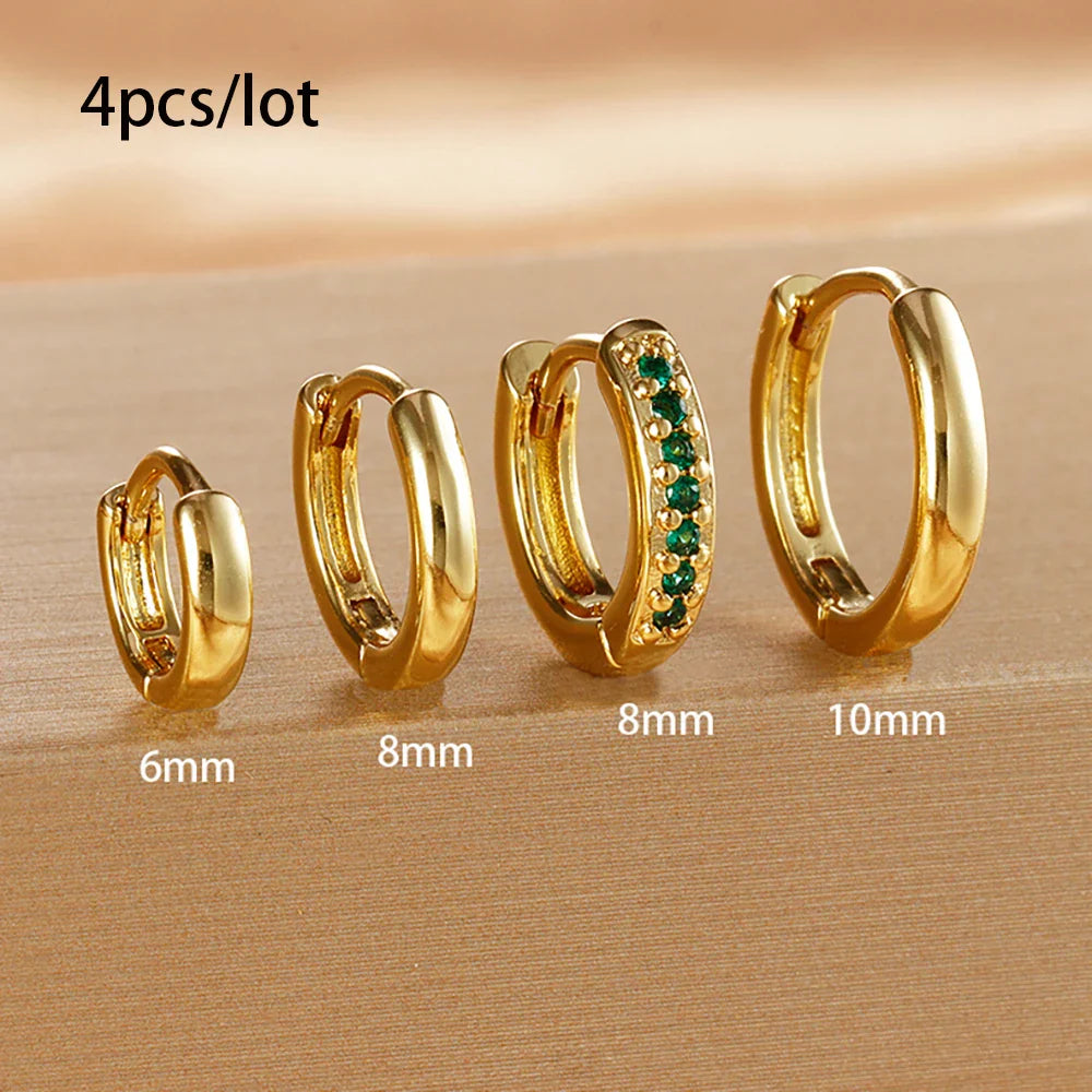 4PCS Set Stainless Steel Huggie Minimal Hoop Earrings 6/8/10mm Crystal Zirconia Helix Tragus Cartilage Earrings Piercing Jewelry