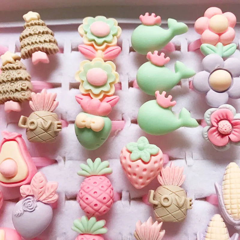 10pcs/lot Children's Cartoon Rings Candy Flower Animal Bow Shape Ring Set Mix Finger Jewellery Rings Kid Girls Toys Anillo