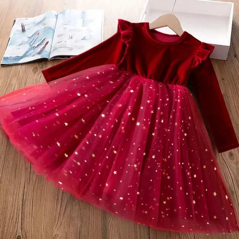 2025 Red Christmas Dress for Baby Girls Winter Long Sleeve Mesh Dresses for 3-8Yrs Kid Star Sequin Birthday Party Princess Dress