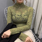 Autumn Women Thin Black Lace T shirt Sexy Turtleneck Long Sleeve Slim Lace Crochet Patchwork Tee Tops WDC6074
