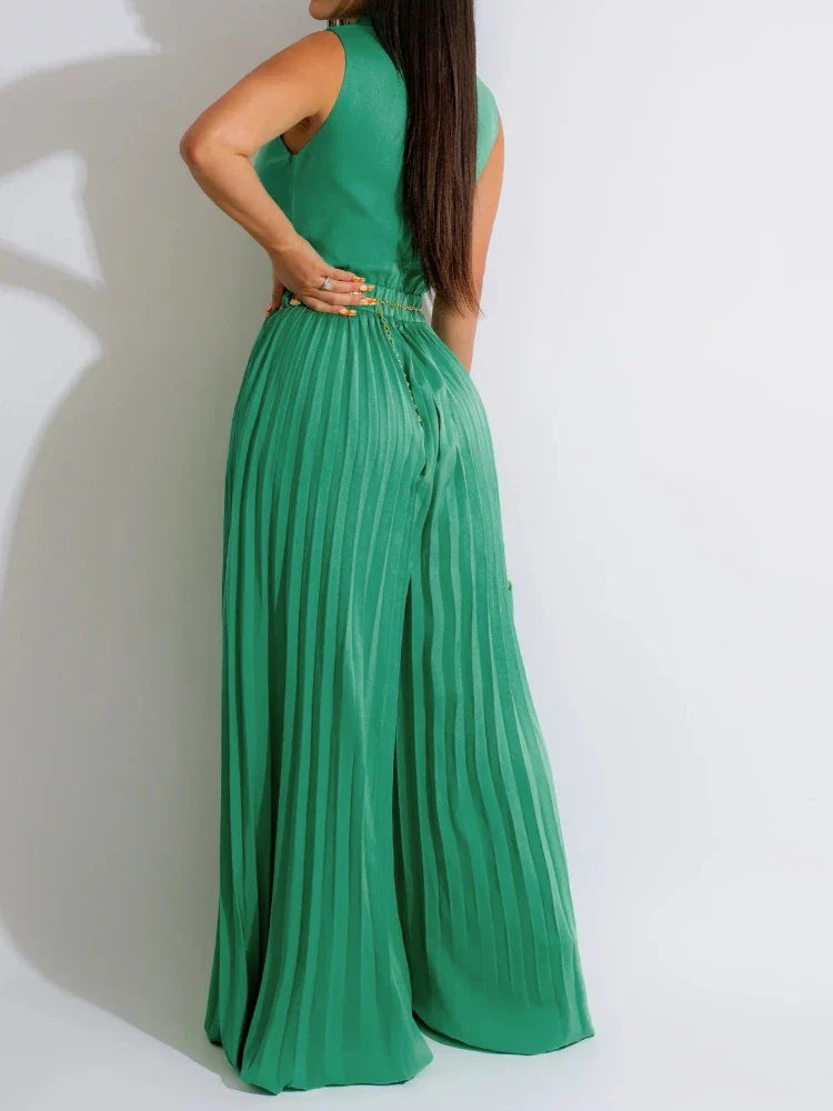 Elegant Solid Wide Leg Rompers Fashion High Waisted Lace Up Party Lady Play Suits Women Chic Sleeveless V Neck Jumpsuits